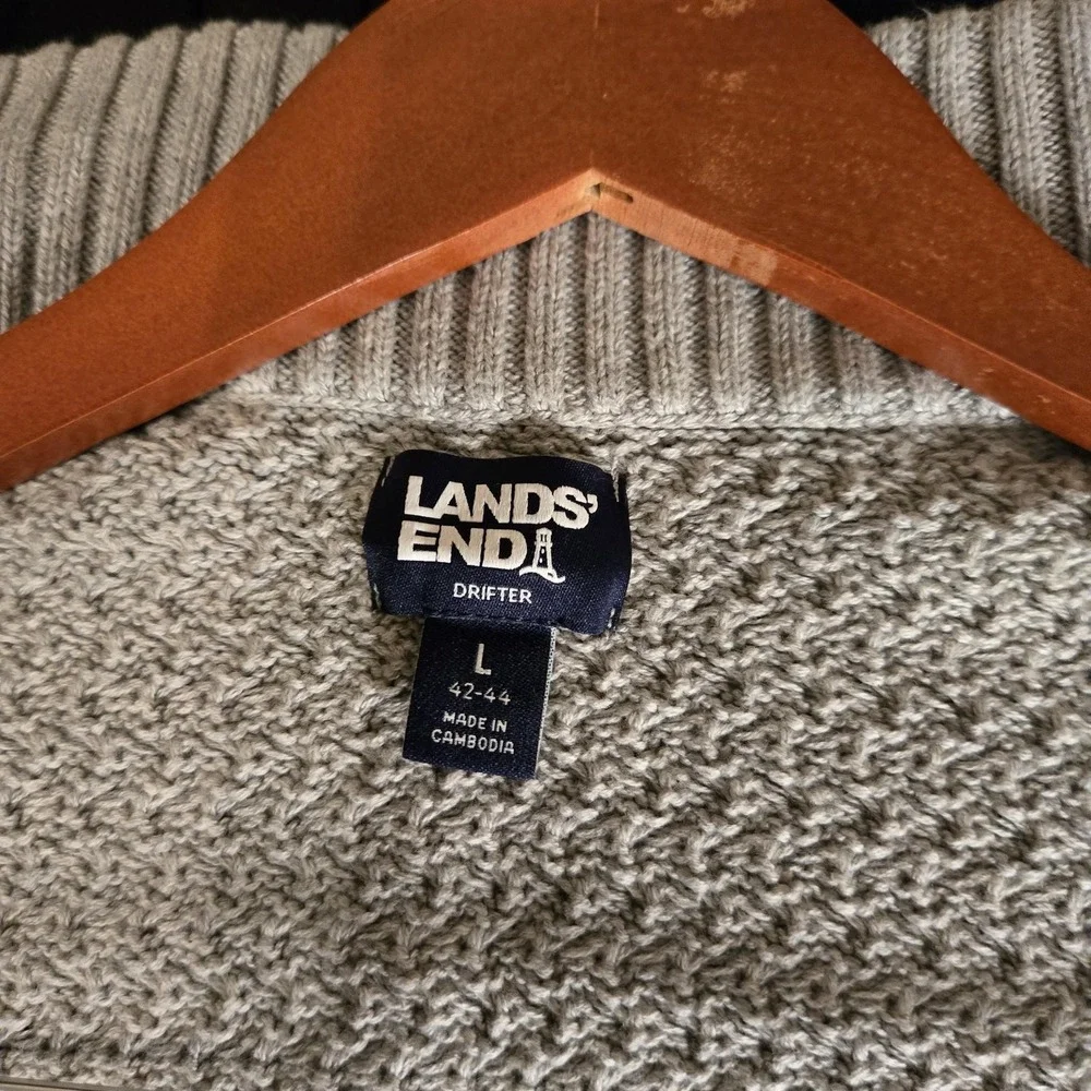 Lands' End Cardigan Sweater Mens Large Gray Drifter‎ Button Front Mock Neck Knit